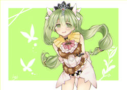 Rule 34 | 1girl, :d, absurdres, armor, arms behind back, ascot, bare shoulders, belt, blush, breastplate, breasts, bug, butterfly, cowboy shot, frey (rune factory), gloves, green eyes, green hair, hair ribbon, highres, insect, looking at viewer, open mouth, ribbon, rune factory, rune factory 4, signature, sleeveless, small breasts, smile, solo, suzuran kei, tiara, twintails