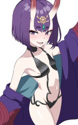 Rule 34 | 1girl, absurdres, bob cut, breasts, commentary request, fang, fate/grand order, fate (series), highres, horns, japanese clothes, kimono, looking at viewer, navel, oni, open mouth, purple eyes, purple hair, purple kimono, qusouzu mogari, short hair, shuten douji (fate), simple background, skin-covered horns, skin fang, small breasts, smile, solo, standing, thick eyebrows, thighs, white background