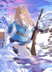Rule 34 | 1girl, animal, belt, belt buckle, bird, black footwear, blue eyes, blue hairband, blue jacket, blue skirt, blue sky, boots, box, brown belt, buckle, buttons, closed mouth, commentary, distant, double-breasted, full body, fur, fur collar, girls&#039; frontline, gun, hair between eyes, hair ornament, hairband, holding, holding gun, holding weapon, jacket, long hair, long sleeves, looking at viewer, outdoors, plant, satsuya, sitting, skirt, sky, smile, snow, solo, strap, striped clothes, striped skirt, submachine gun, suomi (girls&#039; frontline), suomi kp/-31, symbol-only commentary, thighhighs, v, vertical-striped clothes, vertical-striped skirt, weapon, white thighhighs, wind