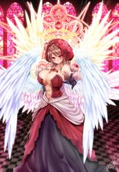 Rule 34 | 1girl, 2016, ahoge, angel, angel wings, bare shoulders, black gloves, blush, breasts, brown hair, cleavage, dated, dress, earrings, feathers, female focus, flower, gloves, hair ornament, highres, huge breasts, jewelry, jotti, long hair, long skirt, looking at viewer, magic circle, multiple wings, navel, necklace, original, red eyes, reimusan (jotti), seraph, signature, skirt, smile, solo, standing, white feathers, white wings, wings