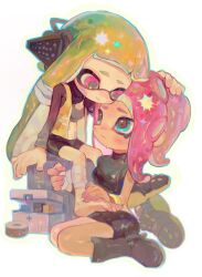 Rule 34 | 2girls, agent 3 (splatoon), agent 8 (splatoon), applying bandages, bandages, bandaid, bandaid on cheek, bandaid on face, bandaid on stomach, bike shorts, black bra, black footwear, black headphones, black shirt, black shorts, black skirt, blonde hair, blue eyes, blue outline, blunt bangs, boots, bra, bracelet, breasts, chinese commentary, closed mouth, crop top, dot nose, esa (no chirasu1), first aid, first aid kit, full body, green hair, headpat, headphones, high-visibility vest, highres, holding another&#039;s foot, inkling, inkling girl, inkling player character, jewelry, long hair, looking at another, medium breasts, midriff, multicolored hair, multiple girls, navel, nintendo, octoling, octoling girl, octoling player character, open clothes, open vest, outline, pink eyes, red hair, shirt, shoes, shorts, single barefoot, single shoe, sitting, skirt, small breasts, smile, splatoon (series), splatoon 2, splatoon 2: octo expansion, suction cups, tentacle hair, twintails, two-tone hair, underwear, unworn shoes, vest, wariza, white background, zipper