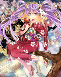 Rule 34 | 1girl, anklet, bad id, bad pixiv id, blue eyes, branch, bug, butterfly, dated, dino (trexsilence), festival, fox mask, hair ornament, insect, japanese clothes, jewelry, kimono, long hair, lots of jewelry, mask, original, purple hair, sandals, smile, solo, tail, tenkuu no crystalia, tree, twintails