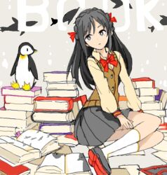 Rule 34 | 1girl, bad drawr id, bad id, bird, book, book stack, bow, bowtie, braid, bright pupils, brown sweater vest, character request, copyright request, crown braid, emperor penguin, english text, grey background, grey eyes, grey footwear, grey hair, grey skirt, hair ribbon, kneehighs, long hair, long sleeves, looking to the side, oekaki, open book, parted lips, penguin, pleated skirt, red bow, red bowtie, red ribbon, ribbon, shirt, shoe soles, sidelocks, sitting, skirt, socks, solo, suya000, sweater vest, white pupils, white socks, yellow shirt