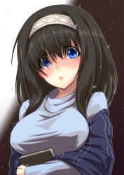 Rule 34 | 10s, 1girl, black hair, blue eyes, blue shirt, blush, book, breasts, commentary request, eyes visible through hair, hair between eyes, hairband, holding, holding book, idolmaster, idolmaster cinderella girls, large breasts, long hair, looking at viewer, off-shoulder, off-shoulder sweater, ribbed sweater, sagisawa fumika, shirt, solo, sweater, tanatoth, upper body