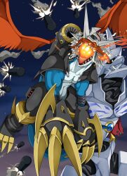 Rule 34 | armor, belt, breath weapon, breathing fire, cannon, claws, digimon, digimon (creature), fangs, fire, flying, highres, horns, imperialdramon, imperialdramon dragon mode, missile, missiles, multiple belts, omegamon, open mouth, red eyes, shoulder armor, someguy944, weapon, white hair, wings