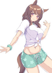 Rule 34 | 1girl, absurdres, alternate costume, animal ears, blue shorts, blush, brown eyes, brown hair, closed mouth, commentary request, cowboy shot, ear ornament, floral print, gaze on me! outfit (umamusume), hair ornament, hairclip, highres, horse ears, horse girl, horse tail, light hello (umamusume), looking at viewer, medium hair, midriff, navel, sawara noa, scrunchie, shirt, short sleeves, shorts, simple background, smile, solo, tail, tied shirt, umamusume, white background, white shirt, wrist scrunchie