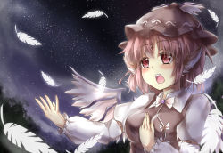 Rule 34 | 1girl, animal ears, breasts, deetamu, dress, dress shirt, feathers, female focus, forest, hat, music, mystia lorelei, nature, night, open mouth, pink hair, red eyes, shirt, short hair, singing, sky, smile, solo, star (sky), starry sky, tam-out (datam), touhou, tree, wings