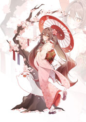 1girl alternate_costume black_nails blush boo_tao_(genshin_impact) brown_hair cherry_blossoms commentary fingernails floral_print floral_print_kimono flower flower-shaped_pupils from_side genshin_impact gradient_clothes gradient_hair gradient_kimono grin gya_(144) hair_between_eyes hair_flower hair_ornament hands_up highres holding holding_umbrella hu_tao_(genshin_impact) japanese_clothes kimono long_sleeves looking_at_viewer looking_to_the_side multicolored_hair nail_polish obi oil-paper_umbrella pink_flower pink_kimono print_kimono red_eyes red_hair red_sash sandals sash smile socks solo standing standing_on_one_leg symbol-shaped_pupils twintails twitter_username umbrella white_kimono white_socks zouri