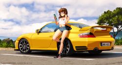 Rule 34 | 1girl, absurdres, blue eyes, brooke (mleth), brown hair, cloud, commentary, denim, denim shorts, english commentary, hand in own hair, highres, holding, holding phone, looking at phone, medium hair, mleth, original, phone, porsche, porsche 911, shoes, short shorts, shorts, sky, sneakers, solo, spoiler (automobile), surprised, tank top, tree, vehicle focus, watermark, web address, white tank top
