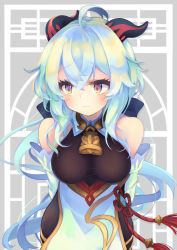 Rule 34 | 1girl, ahoge, bare shoulders, bell, black bodysuit, blue hair, blush, bodysuit, closed mouth, commentary request, cowbell, curled horns, detached sleeves, ganyu (genshin impact), genshin impact, green hair, hair between eyes, highres, horns, looking away, looking to the side, otogi kyouka, purple eyes, solo, white sleeves