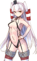 Rule 34 | 10s, 1girl, amatsukaze (kancolle), bare shoulders, bikini, breasts, hair tubes, hairband, hand on own hip, kantai collection, long hair, looking at viewer, micro bikini, silver hair, small breasts, solo, swimsuit, tenken (gotannda), thighhighs, twintails, two side up, very long hair, yellow eyes
