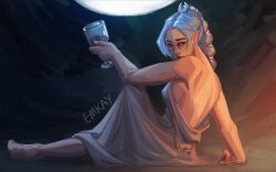 Rule 34 | 1girl, arm support, artist name, baldur&#039;s gate, baldur&#039;s gate 3, bare shoulders, closed mouth, cup, dress, dungeons &amp; dragons, emkay does art, grey dress, grey hair, hair ornament, holding, holding cup, looking at viewer, looking back, moon, official alternate hair color, parted bangs, scar, scar on face, scar on nose, shadowheart (baldur&#039;s gate), sitting, smile, solo