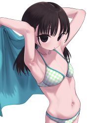 Rule 34 | 1girl, :o, absurdres, arched back, armpits, arms up, bikini, black eyes, black hair, blush, bouen, checkered bikini, checkered clothes, collarbone, female focus, highres, long hair, navel, original, parted bangs, simple background, solo, swimsuit, towel, white background