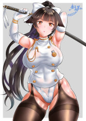 Rule 34 | 1girl, :o, arms up, azur lane, black hair, black thighhighs, blunt bangs, border, breasts, buttons, commentary request, contrapposto, covered navel, cowboy shot, dated, double-breasted, elbow gloves, floating hair, gloves, grey background, hair ribbon, high ponytail, highres, holding, holding sword, holding weapon, jacket, kasugano tobari, large breasts, leotard, long hair, looking at viewer, orange eyes, ponytail, revision, ribbon, scabbard, sheath, sheathed, shiny skin, signature, simple background, skindentation, sleeveless, sleeveless jacket, solo, standing, sword, takao (azur lane), taut clothes, thick thighs, thighhighs, thighs, very long hair, weapon, white border, white gloves, white jacket, white leotard, white ribbon