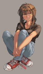 Rule 34 | 1girl, alternate costume, black shirt, blush, breasts, brown hair, closed mouth, denim, ergot, fubuki (kancolle), full body, green eyes, grey background, highres, jeans, kantai collection, looking at viewer, low ponytail, medium breasts, pants, ponytail, red footwear, shirt, shoes, short ponytail, short sleeves, sidelocks, signature, simple background, sitting, sneakers, solo, untied footwear