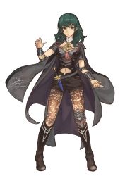 Rule 34 | 1girl, black footwear, black shorts, blue eyes, boots, breasts, brown pantyhose, byleth (female) (fire emblem), byleth (fire emblem), closed mouth, detached collar, fadingz, fire emblem, fire emblem: three houses, green hair, high heel boots, high heels, highres, knee boots, lace, lace-trimmed legwear, lace trim, long hair, medium breasts, midriff, navel, nintendo, pantyhose, pantyhose under shorts, print pantyhose, sheath, sheathed, short shorts, shorts, signature, simple background, solo, standing, stomach, sword, weapon, white background