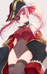 Rule 34 | 1girl, bare shoulders, beige background, black coat, black hat, blouse, blush, bodysuit, breasts, brooch, brown thighhighs, buttons, choker, closed mouth, coat, crop top, epaulettes, eyepatch, feathers, frilled choker, frills, groin, hair ribbon, hat, highres, hololive, houshou marine, jewelry, large breasts, leotard, leotard under clothes, long hair, long sleeves, looking at viewer, navel, no pants, off shoulder, pink hair, pirate hat, red eyes, red shirt, ribbon, rurudo, see-through, see-through leotard, shirt, sidelocks, signature, sleeveless, sleeveless shirt, solo, thighhighs, thighs, twintails, virtual youtuber, wing collar