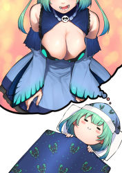 Rule 34 | 1girl, :&gt;, :d, = =, alternate breast size, animal print, bare shoulders, blanket, blush, blush stickers, breast conscious, breasts, butterfly print, cleavage, closed mouth, detached sleeves, double bun, dreaming, dress, gradient hair, green hair, hair bun, hair ornament, head out of frame, highres, hololive, large breasts, long sleeves, looking at viewer, lower teeth only, mikan (chipstar182), multicolored hair, open mouth, pillow, red eyes, short hair, skull ornament, sleeping, smile, teeth, uruha rushia, uruha rushia (1st costume), virtual youtuber, wide sleeves