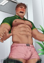 Rule 34 | 1boy, abs, bara, bare pectorals, blush, boxers, brown hair, bulge, buttons, clothes lift, clothes pull, dark-skinned male, dark skin, embarrassed, erection, erection under clothes, facial hair, feet out of frame, goatee, green pants, green shirt, highres, hiroki bzdsk, large pectorals, male focus, male underwear, mature male, motion lines, muscular, muscular male, navel, navel hair, nipples, original, paid reward available, pants, pants pull, pectorals, pink male underwear, shirt, shirt lift, short hair, side slit, sideburns, solo, stomach, stubble, thick eyebrows, thick thighs, thighs, undercut, underpec, underwear