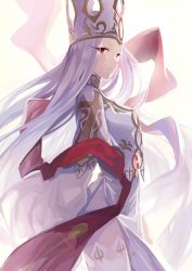 Rule 34 | 1girl, crown, dress, eyelashes, eyes visible through hair, fate/stay night, fate (series), floating hair, from side, highres, justeaze lizrich von einzbern, long hair, long sleeves, red eyes, sash, silver hair, solo, standing, very long hair, white dress, ycco (estrella)