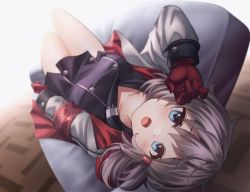Rule 34 | 1girl, azur lane, blue eyes, brown hair, commentary request, denver (azur lane), dress, from above, gloves, hair ornament, hairclip, highres, jacket, long hair, looking at viewer, looking up, neit ni sei, open mouth, sitting, solo, star (symbol), star in eye, symbol in eye, thighs, upper body