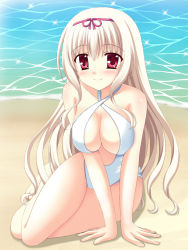 Rule 34 | 1girl, arm support, beach, blonde hair, blush, breasts, casual one-piece swimsuit, cleavage, cleavage cutout, clothing cutout, highres, large breasts, long hair, looking at viewer, nora (otome70121), one-piece swimsuit, original, red eyes, smile, solo, swimsuit, wallpaper