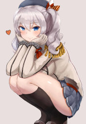 Rule 34 | 10s, 1girl, beret, black socks, blue eyes, blush, buttons, epaulettes, grey background, grey skirt, hat, head rest, heart, highres, jacket, kantai collection, kashima (kancolle), kneehighs, looking at viewer, miniskirt, okitsugu, pleated skirt, sidelocks, silver hair, simple background, skirt, smile, socks, solo, squatting, tsurime, twintails, wavy hair