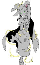 Rule 34 | 1girl, 4lily, andou ringo, cape, closed mouth, dress, foot out of frame, green eyes, greyscale, hat, highres, horns, long hair, looking at viewer, monochrome, nail polish, pink horns, pointy footwear, poison ringo, puyopuyo, puyopuyo 7, simple background, smile, solo, white background, witch, witch hat