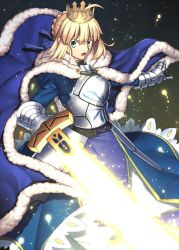 Rule 34 | 1girl, ahoge, armor, armored dress, artoria pendragon (all), artoria pendragon (fate), blonde hair, braid, cape, chietori, excalibur (fate/stay night), fate/grand order, fate/stay night, fate (series), fur trim, glowing, glowing sword, glowing weapon, green eyes, holding, holding sword, holding weapon, light particles, looking at viewer, open mouth, saber (fate), solo, sword, weapon