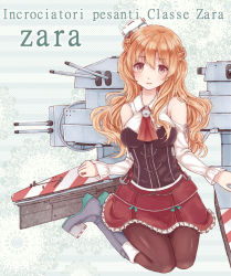 Rule 34 | 1girl, anchor, ascot, bare shoulders, boots, braid, breasts, brown eyes, brown hair, brown pantyhose, clothing cutout, commentary request, corset, french braid, hair between eyes, hat, italian text, kantai collection, layered skirt, long hair, looking at viewer, machinery, medium breasts, mini hat, miniskirt, nagidango, pantyhose, parted lips, red skirt, seiza, shirt, shoulder cutout, sitting, skirt, solo, turret, wavy hair, white shirt, zara (kancolle)
