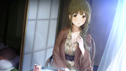 Rule 34 | 2girls, blush, breasts, brown hair, can, chair, cleavage, commentary request, curtains, futon, hair over shoulder, highres, hotel room, idolmaster, idolmaster shiny colors, japanese clothes, kimono, kuwayama chiyuki, large breasts, long hair, looking at viewer, multiple girls, pillow, sash, sitting, sliding doors, suzuki puramo, table, yellow eyes, yukata