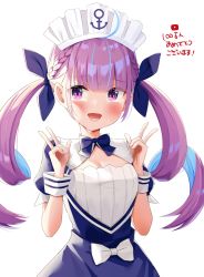 Rule 34 | 1girl, :d, ahoge, anchor, bad id, bad pixiv id, blue bow, blue dress, blue hair, blue nails, blue ribbon, blush, bow, braid, breasts, commentary request, double w, dress, hair ribbon, hands up, highres, hololive, k mugura, maid headdress, medium breasts, milestone celebration, minato aqua, minato aqua (1st costume), multicolored hair, nail polish, open mouth, puffy short sleeves, puffy sleeves, purple eyes, purple hair, ribbon, short sleeves, simple background, smile, solo, sweat, translation request, twintails, two-tone hair, virtual youtuber, w, white background, white bow, wrist cuffs
