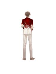 Rule 34 | 1boy, back, blazer, blood, blood on clothes, brown footwear, brown hair, facing away, formal, from behind, full body, highres, jacket, long sleeves, male focus, messy hair, original, pants, resolution mismatch, shoes, simple background, solo, source smaller, standing, suit, uhui, white background, white jacket, white pants, white suit