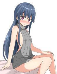 Rule 34 | 1girl, aikawa ryou, aran sweater, backless dress, backless outfit, bed, blue hair, blush, cable knit, closed mouth, dress, grey sweater, halterneck, highres, light frown, long hair, looking at viewer, meme attire, microdress, naked sweater, on bed, purple eyes, ribbed sweater, shima rin, simple background, sitting, solo, sweater, sweater dress, turtleneck, turtleneck sweater, virgin killer sweater, white background, yurucamp
