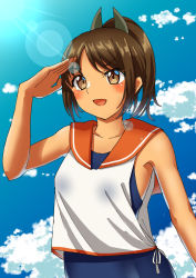 Rule 34 | 1girl, brown eyes, brown hair, hair ornament, hairclip, i-401 (kancolle), kantai collection, lens flare, mayura (lucadia), one-piece swimsuit, orange sailor collar, ponytail, sailor collar, school swimsuit, shading eyes, shirt, short ponytail, side-tie shirt, sleeveless, sleeveless shirt, solo, swimsuit, swimsuit under clothes, tan, upper body