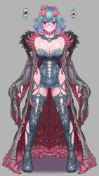 Rule 34 | 1girl, absurdres, aqua hair, breasts, choker, colored inner hair, commentary request, extra eyes, grey background, highres, large breasts, leotard, living clothes, looking at viewer, mole, mole under mouth, multicolored hair, nail polish, navel, off shoulder, original, red eyes, red hair, round eyewear, shadow, shokushi yuu, short hair, solo, standing, straight-on, strapless, strapless leotard, tentacle clothes, tentacle hair, thighhighs, two-tone hair