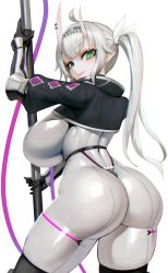 Rule 34 | ahoge, artist request, ass, blush, bodysuit, bracelet, breasts, gloves, green eyes, horn piercing, horns, huge ass, huge breasts, jacket, jewelry, kotoha rimu, looking back, mole, mole under eye, oni, pointy ears, polearm, side ponytail, smile, thong, virtual youtuber, weapon, white bodysuit, white hair