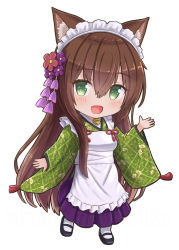 Rule 34 | 1girl, :d, animal ear fluff, animal ears, apron, bell, black footwear, blush, brown hair, cat ears, chibi, commentary request, flower, frilled apron, frills, full body, green eyes, green kimono, hair between eyes, hair flower, hair ornament, hakama, hakama skirt, iroha (iroha matsurika), japanese clothes, jingle bell, kimono, long hair, long sleeves, looking at viewer, maid, maid apron, maid headdress, open mouth, original, purple flower, purple hakama, red flower, shoes, simple background, skirt, smile, socks, solo, standing, standing on one leg, very long hair, wa maid, white apron, white background, white socks, wide sleeves