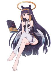 Rule 34 | 1girl, artist request, barefoot, book, crossed legs, feet, female focus, full body, highres, hololive, hololive english, long hair, looking at viewer, low wings, ninomae ina&#039;nis, ninomae ina&#039;nis (1st costume), pointy ears, purple eyes, purple hair, simple background, toes, transparent background, virtual youtuber, white background, wings