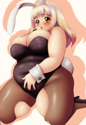 Rule 34 | 1girl, animal ears, breasts, brown eyes, cleavage, fake animal ears, fat, female focus, groin, hair ornament, high heels, highleg, highres, huge breasts, kneeling, kokumotsu, original, pantyhose, playboy bunny, rabbit ears, rabbit tail, shoes, solo, tail, thighs, torn clothes, white hair