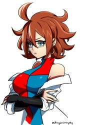 Rule 34 | 1girl, ahoge, alternate hair length, alternate hairstyle, android 21, bare shoulders, black-framed eyewear, blue eyes, breasts, brown hair, checkered clothes, checkered dress, commentary, crossed arms, d-ryuu, detached sleeves, dragon ball, dragon ball fighterz, dress, earrings, glasses, hoop earrings, huge ahoge, jewelry, lab coat, large breasts, off shoulder, short hair, sleeveless, sleeveless dress, solo, turtleneck, turtleneck dress, twitter username