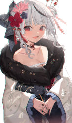 Rule 34 | 1girl, absurdres, alternate costume, breasts, choker, cleavage, collarbone, commentary request, fang, flower, grey hair, gurina, hair flower, hair ornament, hairpin, highres, hololive, japanese clothes, kanzashi, kimono, large breasts, long sleeves, multicolored hair, nail polish, open mouth, red eyes, red nails, sakamata chloe, sarashi, smile, solo, streaked hair, virtual youtuber, wide sleeves