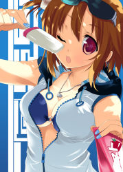 Rule 34 | 1girl, ;o, anchor symbol, bikini, bikini top only, breasts, brown hair, center opening, cleavage, eyewear on head, food, jewelry, nail polish, necklace, o-ring, o-ring top, one eye closed, open mouth, original, popsicle, red eyes, revision, short hair, solo, star-shaped pupils, star (symbol), sunglasses, sweat, swimsuit, symbol-shaped pupils, tatami to hinoki, unzipped, wink