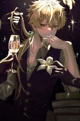 Rule 34 | 5boys, aether (genshin impact), alternate costume, alternate hairstyle, black background, black vest, blonde hair, blouse, book, book stack, boutonniere, character request, closed mouth, constellation, cup, drinking glass, flower, genshin impact, gloves, gurugnsn, hair between eyes, hair ribbon, highres, holding, holding cup, long hair, male focus, multiple boys, orange eyes, ribbon, shirt, simple background, sleeves rolled up, solo focus, sparkle, tartaglia (genshin impact), upper body, vest, white flower, white shirt, wine glass