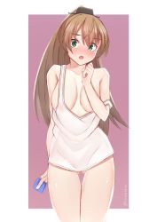 Rule 34 | 1girl, blush, bottomless, breasts, brown hair, collarbone, condom, condom wrapper, green eyes, hair between eyes, highres, holding, holding condom, kantai collection, kumano (kancolle), large breasts, light brown hair, long hair, looking at viewer, nekokyun, open mouth, simple background, solo, tank top