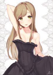 Rule 34 | 1girl, :3, :d, arm behind back, armpits, bad id, bad pixiv id, bare arms, bare shoulders, black dress, breasts, brown hair, cleavage, collarbone, dress, female focus, green eyes, hair over breasts, highres, light brown hair, long hair, medium breasts, neck, open mouth, school girl strikers, sidelocks, smile, solo, strapless, strapless dress, uni (melm), yellow eyes