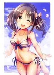 Rule 34 | 1girl, ;d, barefoot, bikini, black hair, blue sky, bow, breasts, brown bow, brown eyes, cleavage, cloud, collarbone, day, front-tie bikini top, front-tie top, groin, hair bow, highres, idolmaster, idolmaster cinderella girls, imai kana, leg up, long hair, looking at viewer, medium breasts, ment, navel, ocean, one eye closed, open mouth, outdoors, side-tie bikini bottom, sky, smile, solo, standing, standing on one leg, striped bikini, striped clothes, swimsuit, twintails