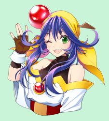 Rule 34 | 1girl, ;d, bandana, blue background, blue hair, brown gloves, chimachi, cropped torso, fingerless gloves, floating hair, gloves, green eyes, hair between eyes, lime (saber j), long hair, one eye closed, open mouth, saber marionette j, simple background, smile, solo, twintails