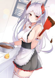 Rule 34 | 1girl, antenna hair, apron, azur lane, bare shoulders, bird, black skirt, blush, bow, breasts, chick, chocolate, clothing cutout, covered erect nipples, cowboy shot, frilled apron, frills, from side, garter straps, hand up, headgear, high-waist skirt, holding, indoors, kaki tsubata, large breasts, long hair, looking at viewer, manjuu (azur lane), mixing bowl, multicolored hair, no bra, orange eyes, parted bangs, parted lips, prinz eugen (azur lane), red bow, sideboob, silver hair, skirt, sleeveless, spatula, standing, streaked hair, swept bangs, thighhighs, thighs, two side up, underboob, underboob cutout, waist apron, white apron, white thighhighs, wrist cuffs