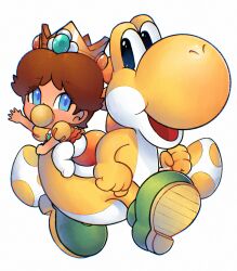 Rule 34 | 1girl, baby daisy, blue eyes, boots, brown hair, crown, diaper, dress, highres, looking at viewer, mario (series), nintendo, open mouth, orange dress, pacifier, pantyhose, princess daisy, saiwoproject, shell, short hair, simple background, white background, white pantyhose, yoshi, yoshi egg